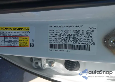 2019 Honda Accord Sport 2.0T из США, поврежденный, VIN 1HGCV2F37KA026900